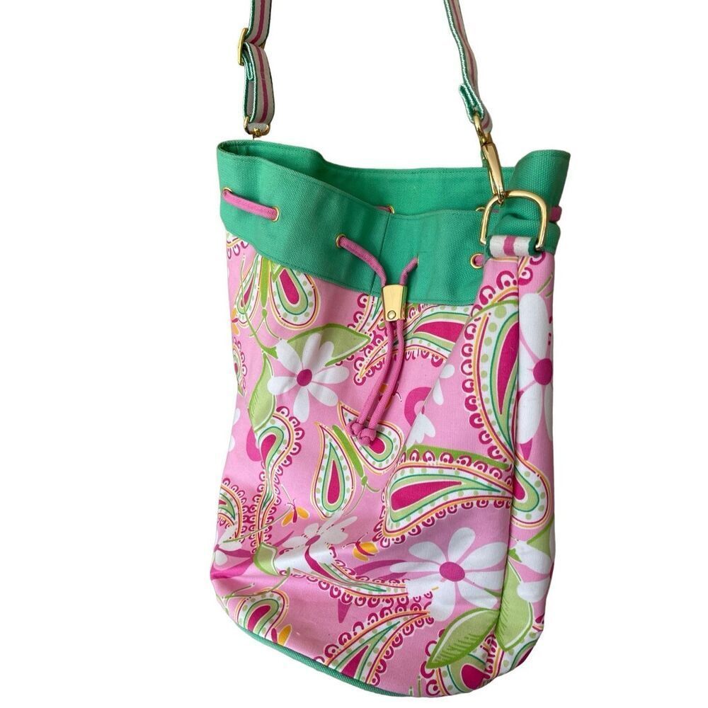 Lily Pulitzer Womens Pink Paisley Adjustable Shoulder Strap Canvas Bucket Bag - Picture 6 of 7